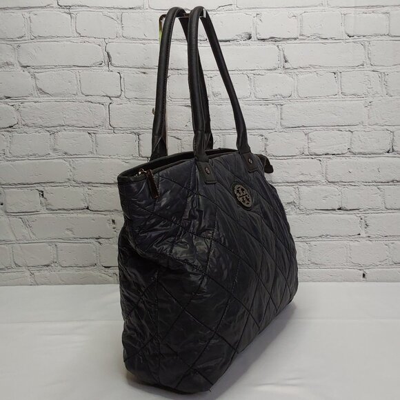 TORY BURCH TOTE BAG LEATHER & NYLON NAVY BLUE DOUBLE SHOULDER STRAPS - Picture 2 of 14